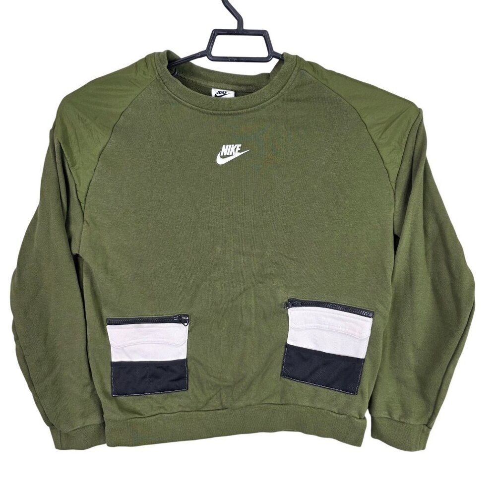 Womens Nike Olive Green Crewneck Sweatshirt Front Zipper Pockets Size XL